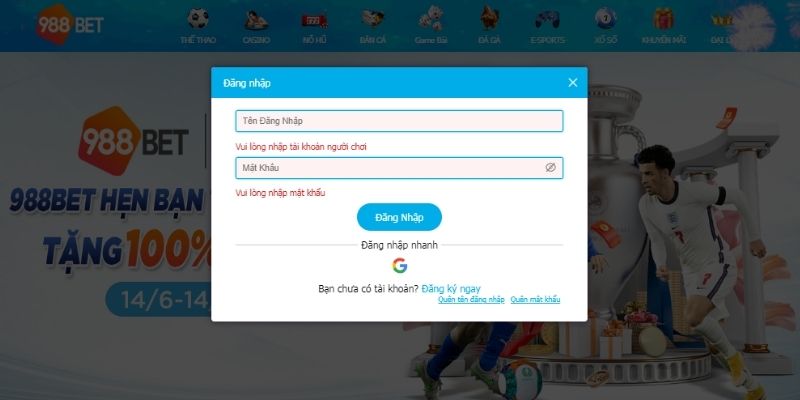 Đăng nhập 988BET - Khám phá sảnh cược nhanh chóng, dễ dàng